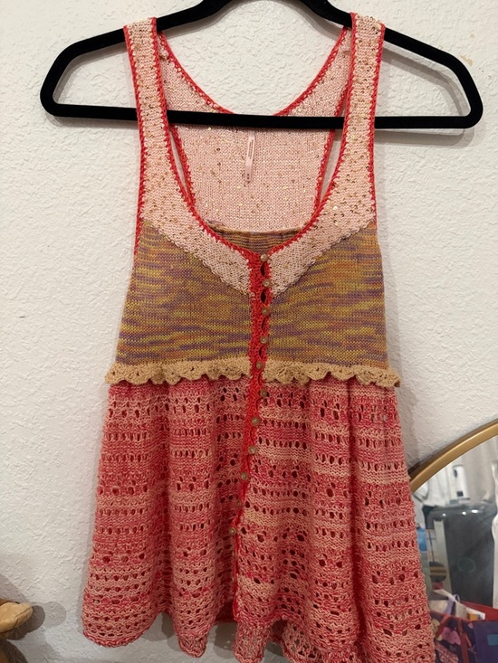free peole Tops - Crochet Knit Pink Multi-Color Button-Front Tank Top